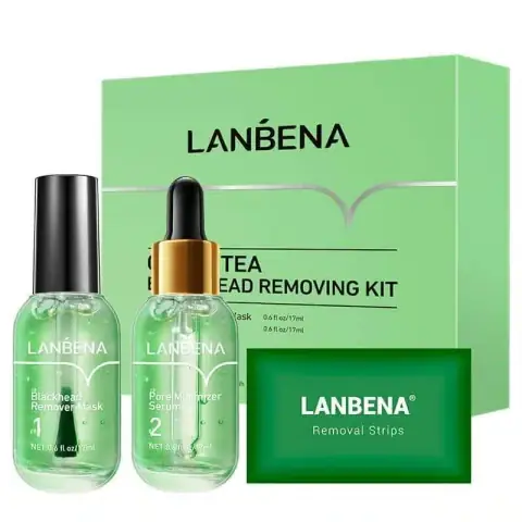 Lanbena Green Tea Blackhead Remover Kit showing two bottles, nose strips, and product box.