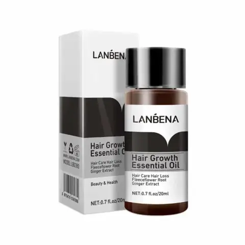 Lanbena Hair Growth Essential Oil in an amber glass dropper bottle, beside its yellow product box.
