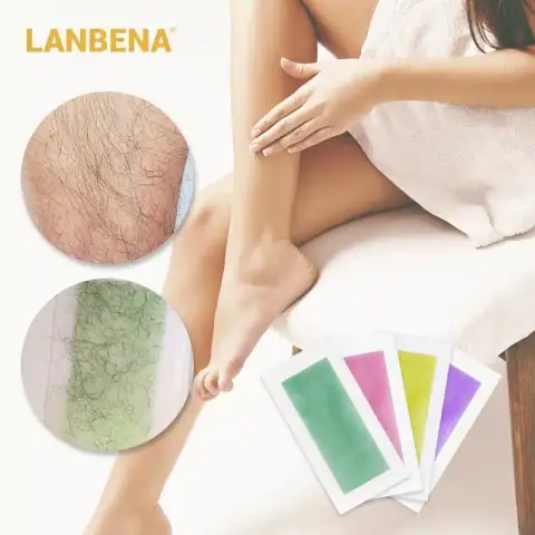 Lanbena Hair Removal Wax Strips white and purple packaging, showing product details and usage graphic.