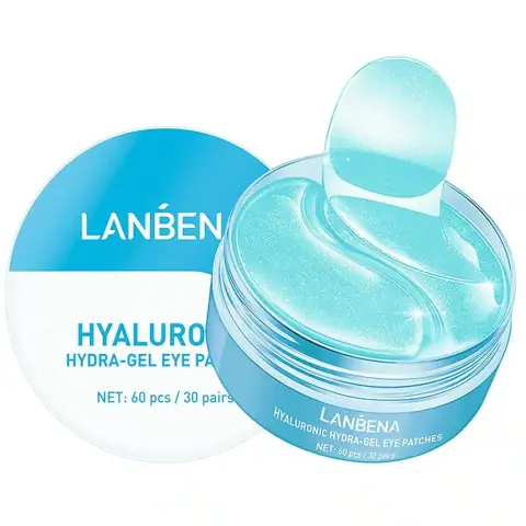 Lanbena Hyaluronic Acid eye mask box, white and blue packaging, showing product details.