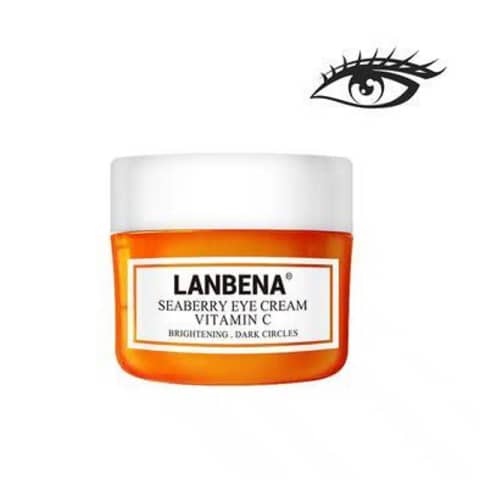 Lanbena Vitamin C Eye Cream in white tube with vibrant orange-yellow accents.