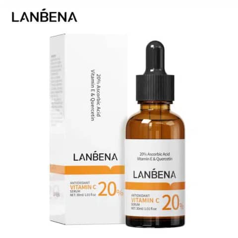 Lanbena Vitamin C Serum 30ml bottle with dropper cap next to its orange and white product box.