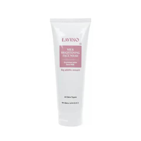 Lavino Milk Brightening Face Wash 100ml, white tube with gold cap standing upright.