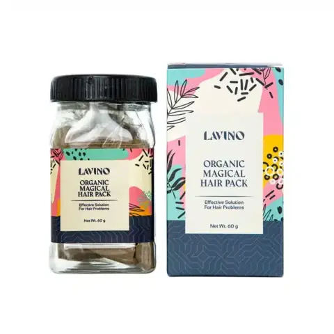 Front view of Lavino Organic Magical Hair Pack 60gm in a white jar with green branding.