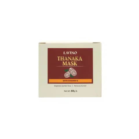 Front-angled view of Lavino Thanaka Mask With Vitamin E 50g white jar, green lid.