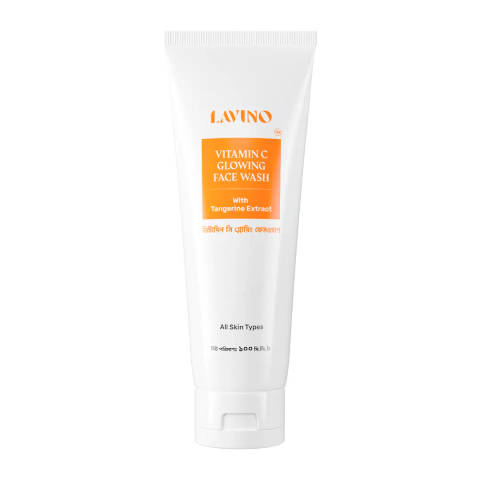 Lavino Vitamin C Face Wash 100ml tube standing upright on white background with tangerine slice.