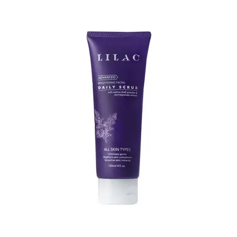 LILAC Brightening Daily Scrub 120ml tube, white and purple packaging, standing upright.