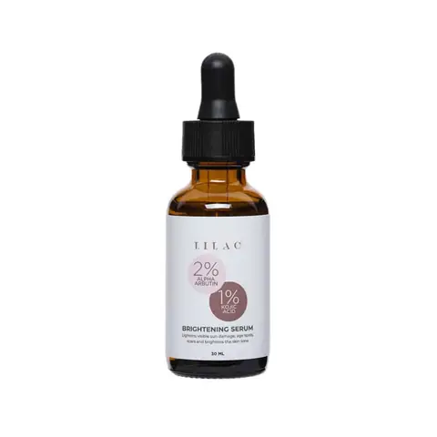 LILAC Brightening Serum 30ml bottle with dropper, clear glass, containing lilac liquid.