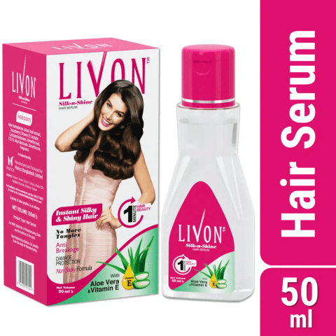 Livon Hair Serum 50ml clear bottle with a vibrant pink cap, displaying front label details.