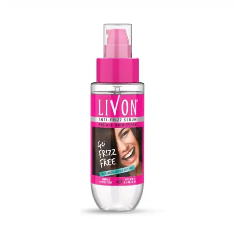 Livon Anti-Frizz Hair Serum 100ml bottle, clear with golden liquid and pump dispenser.