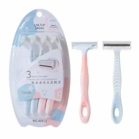 Four LMLTOP 3-layer razors, blue handles, silver blades, in clear packaging.