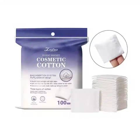 LMLTOP 100pcs cosmetic cotton pads in blue and white packaging, with soft pads displayed.