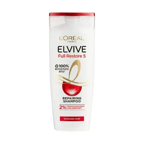 Loreal Elvive Full Restore 400ml repairing shampoo, golden bottle with red flip-cap, studio shot.