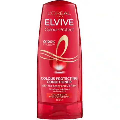 Loreal Paris Colour Protect Conditioner 360ml in a vibrant red pump bottle, front view.