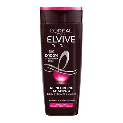 Loreal Paris Elvive Full Resist Reinforcing Shampoo 400ml, red bottle with white cap, front view.