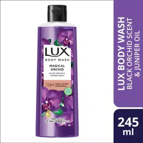 Lux Black Orchid Scent Body Wash, dark purple bottle with gold pump, standing on white.