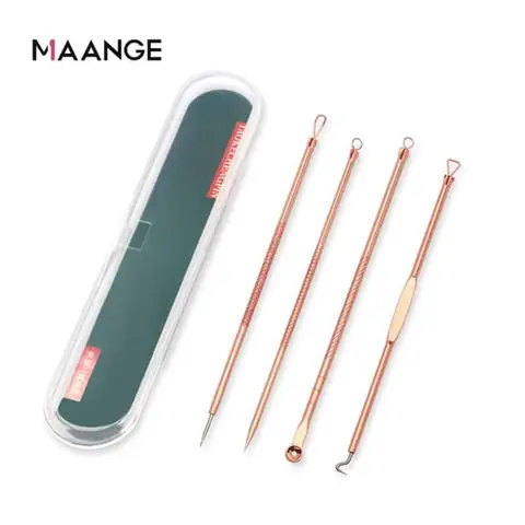 Maange 4-piece stainless steel acne and blackhead remover tools with textured silver handles.