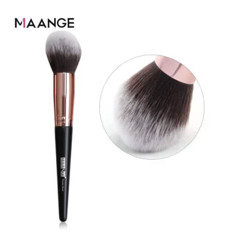 Maange powder brush with soft, dense white bristles and a sleek black handle, standing upright.