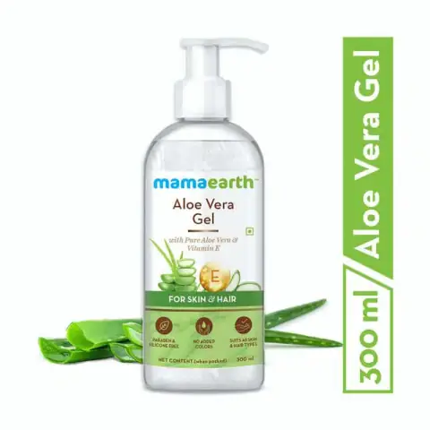 Mamaearth Aloe Vera Gel 300ml product in a vibrant green tube with a white flip-top cap.