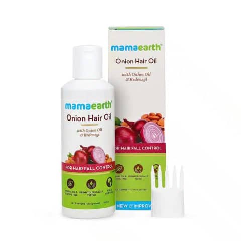 Mamaearth Onion Hair Oil 100ml in a dark amber bottle with a white pump dispenser.