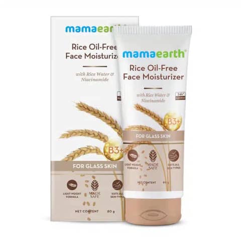 Full front view of Mamaearth Rice Oil Free Face Moisturizer 80g in white tub with green lid.