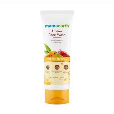 Mamaearth Ubtan Tan Face Wash, 100ML, yellow tube, with a visible turmeric & saffron label.