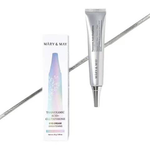 Mary May Tranexamic Acid Glutathione Eye Cream 30g in its pristine white tube, angled subtly.