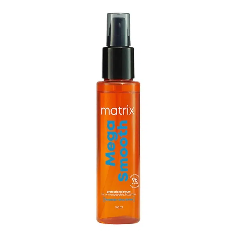 Matrix professional hair serum 100ml bottle, purple gradient with white pump dispenser.