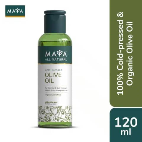 Maya All Natural Cold-pressed Olive Oil 120ml in its transparent bottle with white and green label, front view.