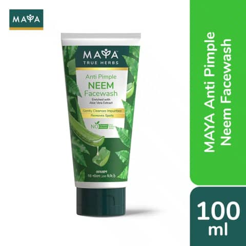 Maya Anti Pimple Neem Facewash 100ml tube, vibrant green and white packaging, front view.