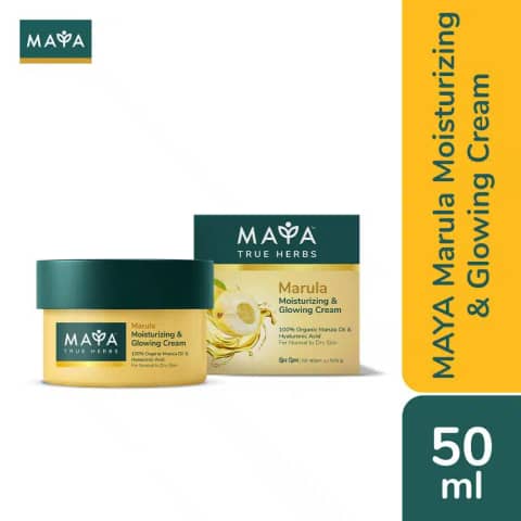 Maya Marula Moisturizing & Glowing Cream 50ml in a white jar with golden lid, front view.