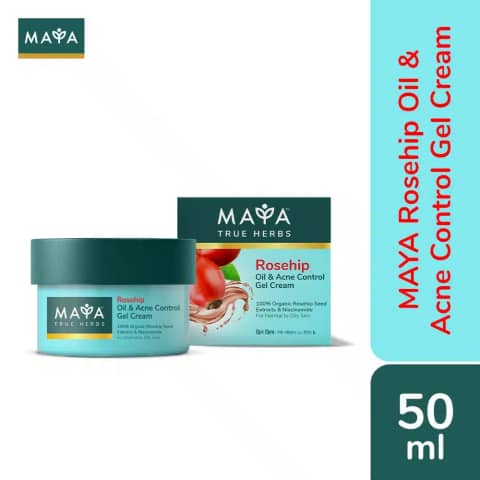 Maya Rosehip Oil & Acne Control Gel Cream 50ml jar, translucent white with pinkish product.