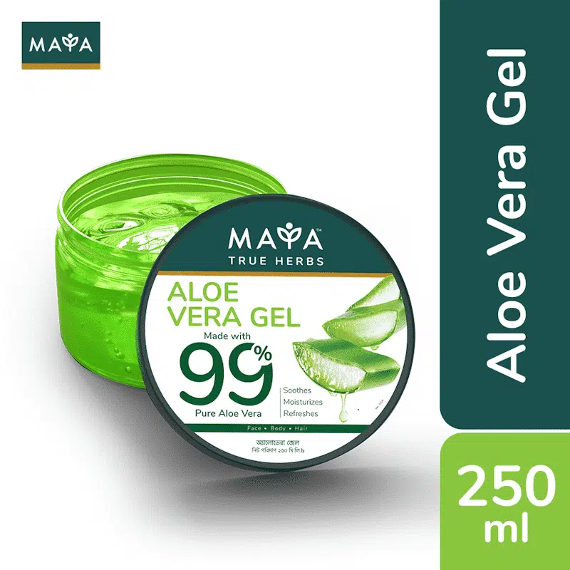 Maya True Herbs Aloe Vera Gel 250ml green bottle with white cap, clearly displaying front label.