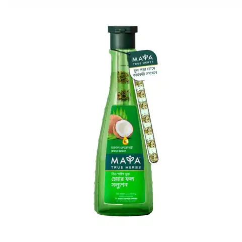 Maya True Herbs Herbal Coconut Oil 200ml clear plastic bottle, vibrant green label, front view.