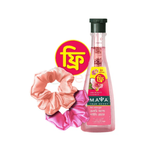 Front view of Maya True Herbs Rose Coconut Hair Oil 200ml in clear bottle, pink floral label.
