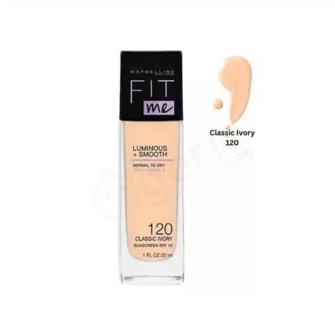 Maybelline Fit Me Luminous + Smooth illuminating foundation tube, classic ivory 120, standing upright.