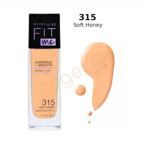 Upright Maybelline Fit Me Luminous + Smooth foundation bottle, shade Soft Honey 315, with white cap.