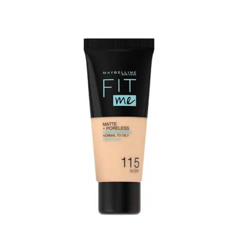 Maybelline Fit Me Matte + Poreless Foundation 115 Ivory, full clear bottle with black pump cap.