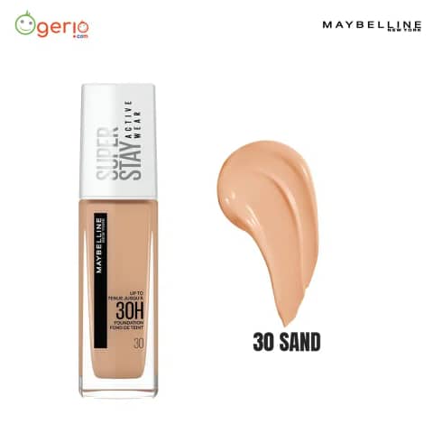 Maybelline Superstay Full Coverage 30 Hour Foundation Sand 30 in clear glass bottle with pump.