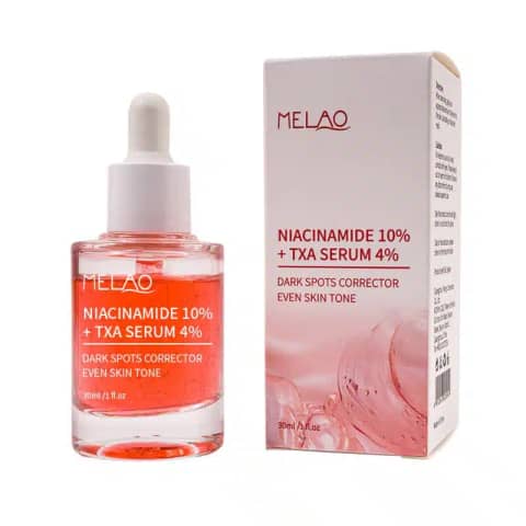 Front view of Melao 10% Niacinamide + 4% TXA serum in a white dropper bottle.