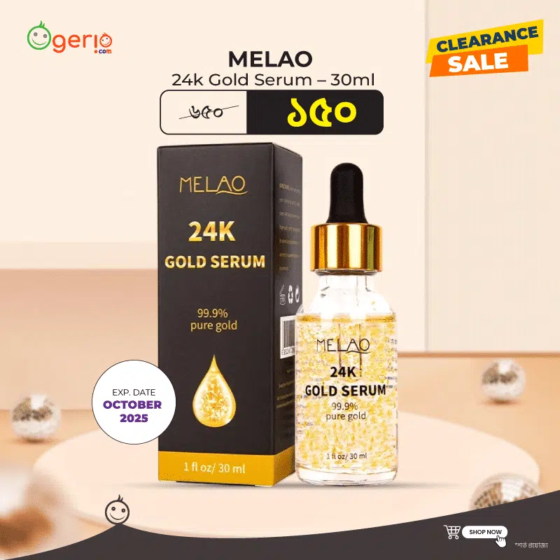 Front view of Melao 24k Gold Serum 30ml bottle, clear glass with shimmering gold flakes.