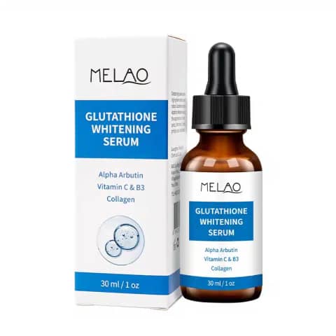 Melao Glutathione Whitening Serum 30ml amber glass dropper bottle with white label, front view.