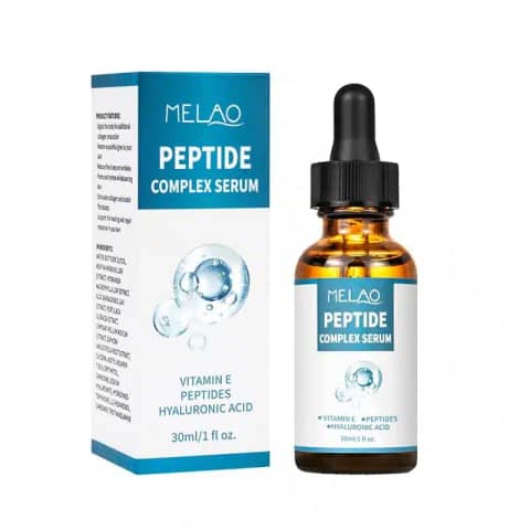 Melao Peptide Complex Serum 30ml in a clear glass dropper bottle with a white cap, standing upright.