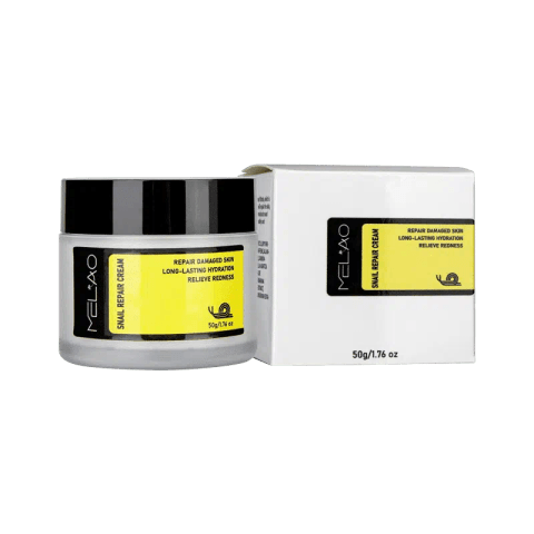Melao Snail Repair Cream 50g jar with metallic gold lid, front view, for day and night moisturizing.