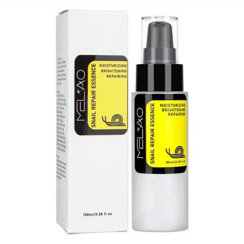 Melao Snail Repair Essence 100ml in a clear glass bottle with a white pump dispenser and transparent cap.