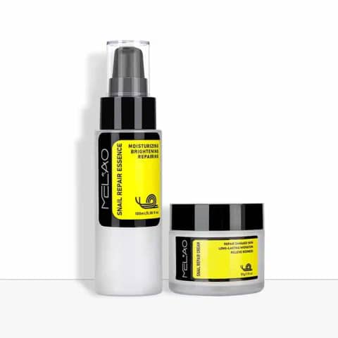 Melao Snail Repair Essence bottle and Cream jar, both with silver caps and white labels.
