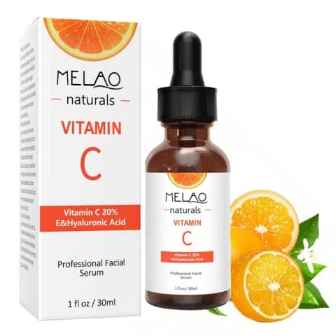 Melao Vitamin C Serum 30ml white bottle with dropper, orange label, and matching gold box packaging.