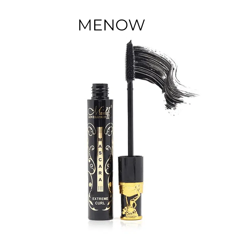 Menow Extreme Curl Mascara Black Generation 2 in a sleek black tube, standing upright.