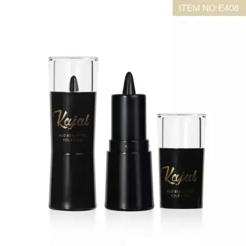 Two Menow black kajal pens with silver caps, displayed upright on a light background.