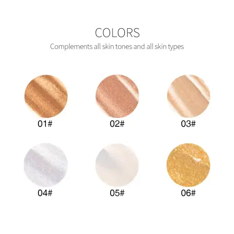 Menow Liquid Highlighter Drops in clear glass bottle with rose gold dropper, shimmery champagne liquid.